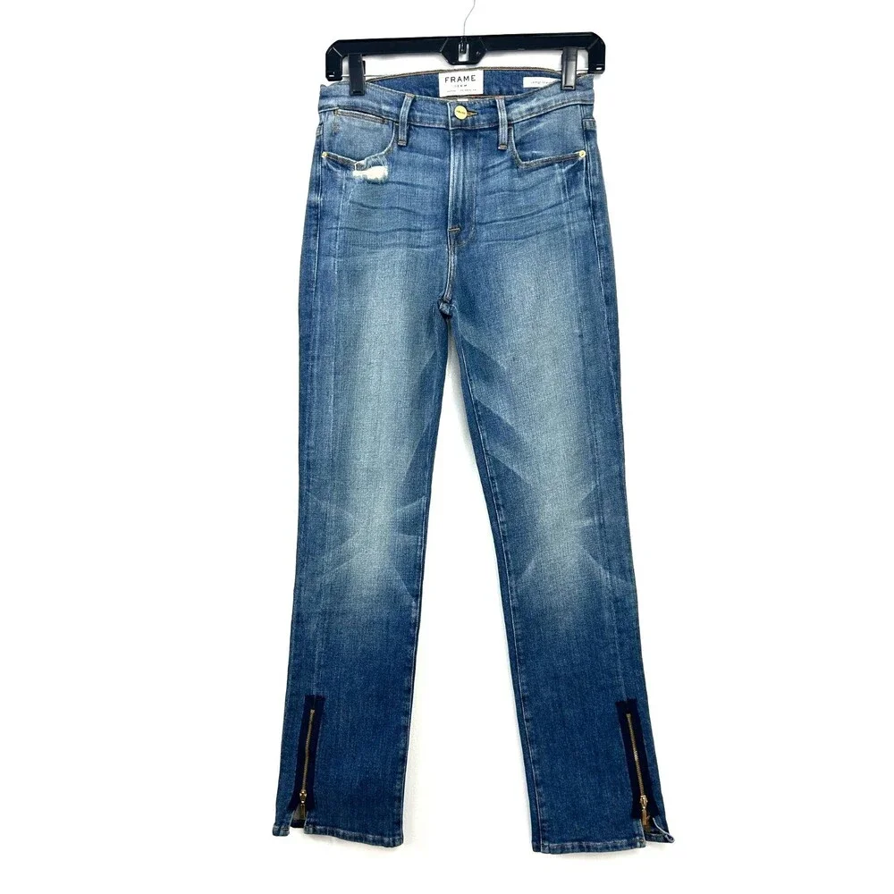 Frame Le High Straight Jeans Womens Sz 27 Blue Distressed Ankle Zip High Rise N3